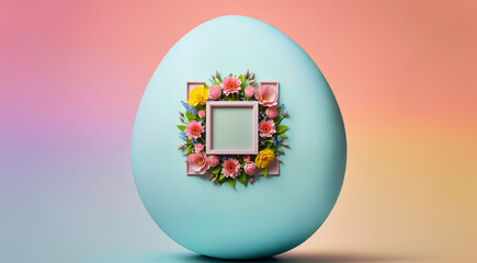  Image of blooming flowers of various colors placed on and around empty pink photo frame on pastel blue Easter egg. Creative Easter composition.