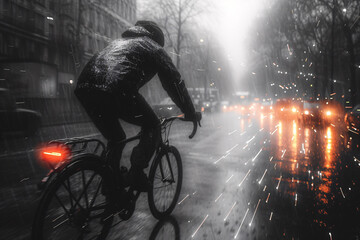 Cyclist on a city road during rainfall with car lights in the background - obrazy, fototapety, plakaty