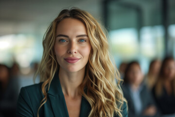Obraz premium A stylish blue eyes businesswoman smiling in working office. Female businesswoman, empowered, self-confident, confident, leader concept