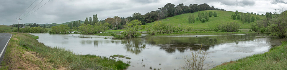 Fototapeta na wymiar Near Waipukurau Hawke's Bay. New Zealand. Flooded meadows. Panorama.
