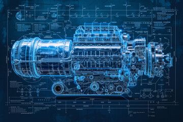 Blueprint style hologram of a complex engine