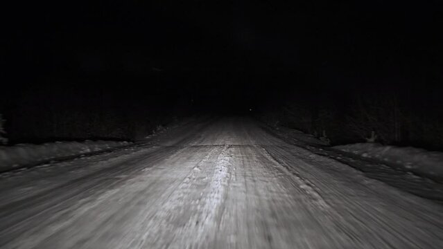Driving on snow road in forest at night. POV