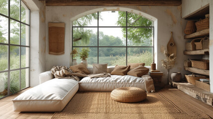 Fototapeta premium Cozy farmhouse living room interior, Generative Ai.