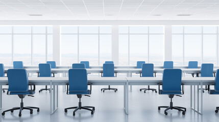 Empty minimalist modern open space office with desks and empty chairs