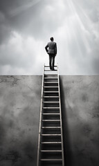 Overcoming difficulties and obstacles  concept with businessman using ladder to get on top of wall - obrazy, fototapety, plakaty