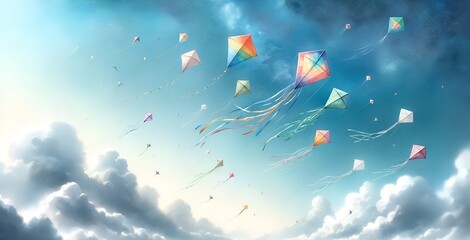 Watercolor illustration of flying kites at sky.
