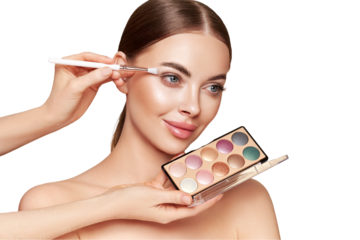 Makeup Artist applies Eye Shadow. Beautiful Woman Face. Perfect Makeup. Make-up detail. Beauty Girl with Perfect Skin. Nails and Manicure. Eye Shadow Palette