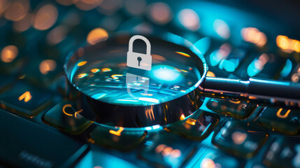 Magnifying glass focus on a padlock icon, against a glowing keyboard dark blue background, concept of secured Internet browsing and safe searching, Https encrypted connection with SSL certificate - obrazy, fototapety, plakaty