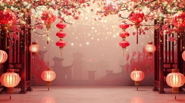 Chinese New Year decoration lanterns Seamless looping 4k time-lapse virtual video animation background. Generated AI