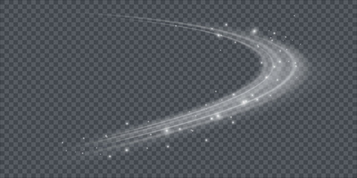 Festive decoration in the form of luminous flying wind surrounded by light dust and white speed lines. Light effect for ceremonies, awards, prizes, motivations, invitations, banners, cards, videos.
