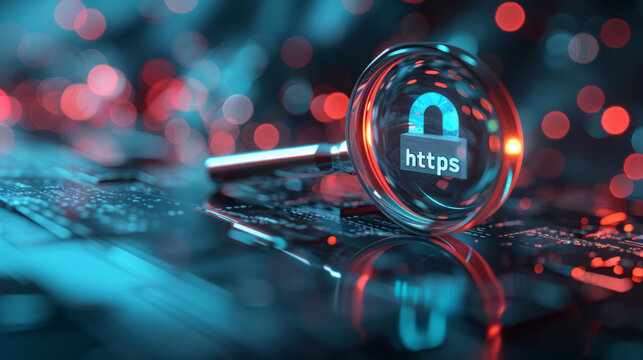 Magnifying glass focusing on Https sign with a padlock symbol, against a motherboard blue background with copy space, SEO term for a safe encrypted connection on Internet with SSL certificate.