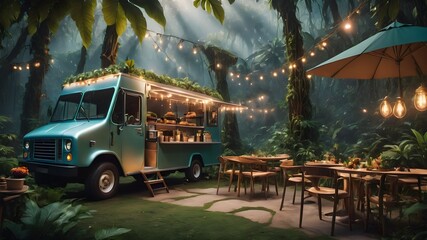 food truck restaurant with string lights and outdoor seating in the fantasy jungle 
