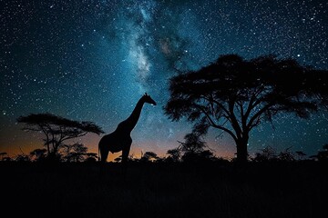 AI-generated illustration of a giraffe standing beneath the starlit sky