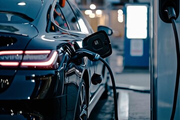 AI-generated illustration of an electric car plugged into an outlet in a garage