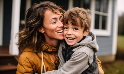 Fototapeta premium Heartwarming Bond Between Adopted Son and Mother on Porch