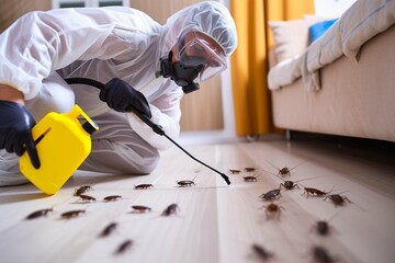 Pest control exterminator killing cockroaches inside house. Man in white protective suit, mask and gas respirator spraying insecticide from yellow sprayer bottle over roaches crawling on floor at home - obrazy, fototapety, plakaty