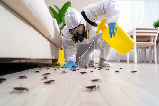 Pest control exterminator killing cockroaches inside house. Man in white protective suit, mask and gas respirator spraying insecticide from yellow sprayer bottle over roaches crawling on floor at home