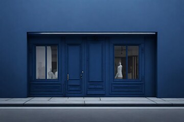 marine blue storefront template , vintage european boutique facade mockup