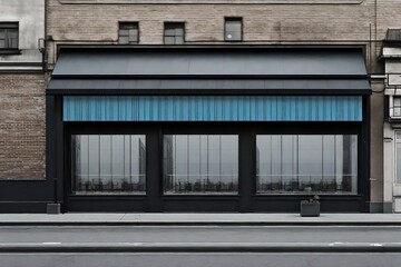 dark blue and black boutique facade with awning , storefront template