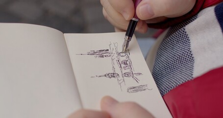 Elderly Man Sketching in Travel Sketchbook. Positive impact of artistic expression on mental...