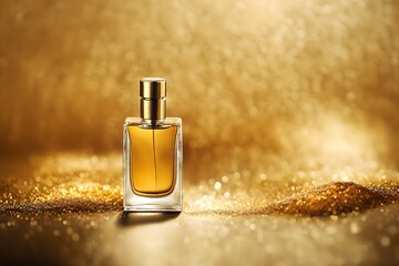rectangular golden perfume container , bright golden particles