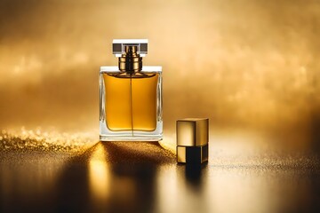 rectangular golden perfume container , bright golden particles