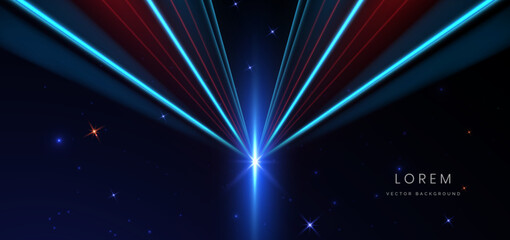 Abstract futuristic neon glowing blue and red diagonal light lines on dark blue background.