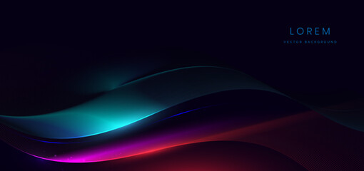 Abstract blue and red wave lines glowing on black background with copy space for text.