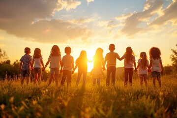 School children standing on green lawn in warm sunshine at sunset, backside view. Several happy joyful friends having fun on sunny evening, holding hands and looking in future with hope and confidenc