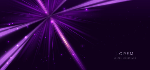 Abstract glowing purple diagonal lighting lines on dark purple background with lighting effect and sparkle. Luxury design style.