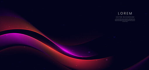Abstract pink and red wave lines glowing on dark blue background with copy space for text.