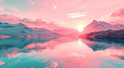 Fantasy mountains and sea at sunset. 3D illustration. Vintage style.