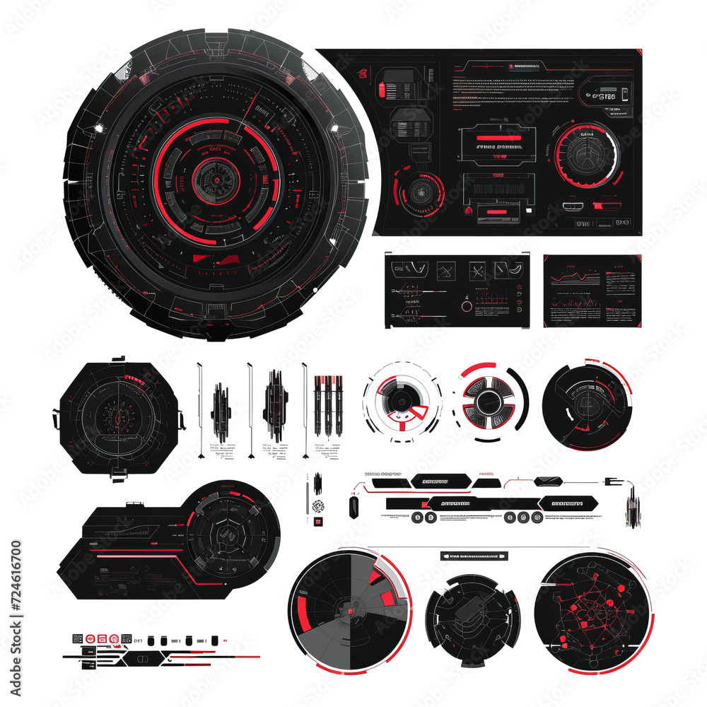 Fototapete Futuristic User Interface, frame screens, Callouts titles, FUI circle set, Loading bars, Lines and Arrows in HUD style