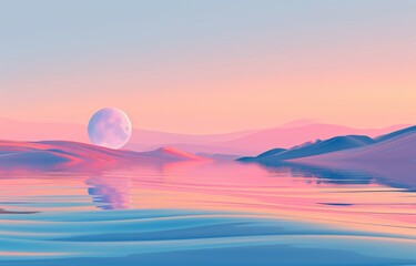 Fototapeta na wymiar 3D illustration of the full moon over the sea and mountains.