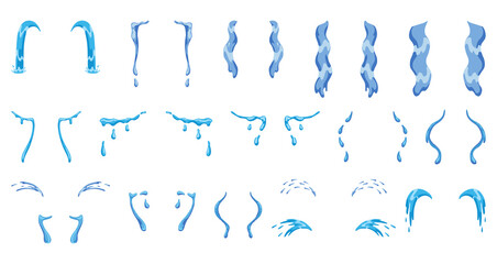 Cartoon tear drops icon set. Sorrow cry streams, tear blob or sweat drop. Crying fluid, falling blue water drops. Isolated set for sorrowful character weeping expression. Wet grief droplets