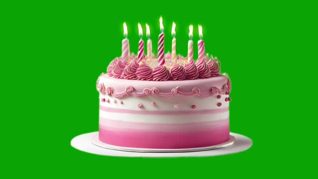 birthday cake with candle on green screen, video