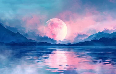 Fototapeten Fantasy landscape with mountains, sea and red moon. Digital painting. © Oleg