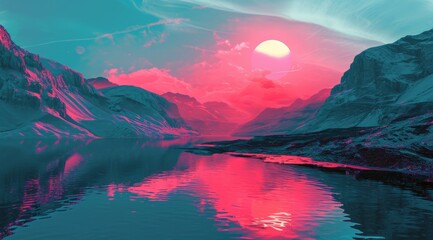 Beautiful sunset over the sea - 3d render. Summer background - obrazy, fototapety, plakaty