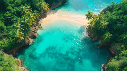 Fototapeta na wymiar Aerial shot capturing the allure of dense rainforests, sun-kissed beaches, and crystal-clear waters. Tropical dreamscape. AI