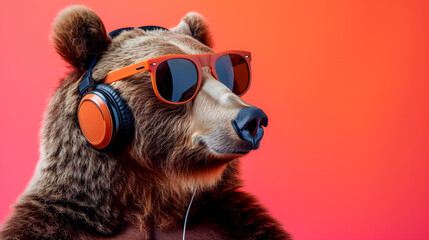 Portrait of bear wearing glasses and headphones - obrazy, fototapety, plakaty