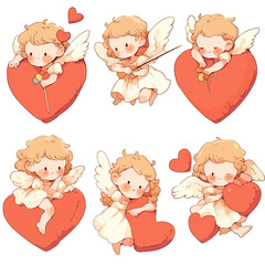set of angels with hearts cute cupid isolate on white background generated AI
