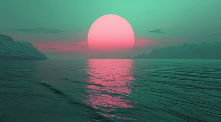 3d illustration of sunset in the sea and a full moon.