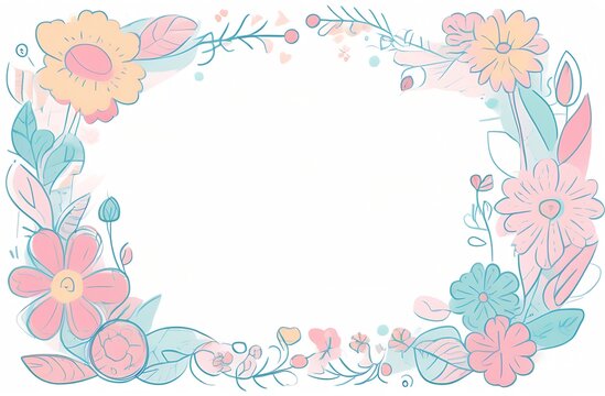 Frame of different flowers in pastel colors, copy space, white background
