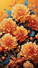 Beautiful orange and yellow flowers like dahlias depicted in psychedelic style art. AI generated illustration.