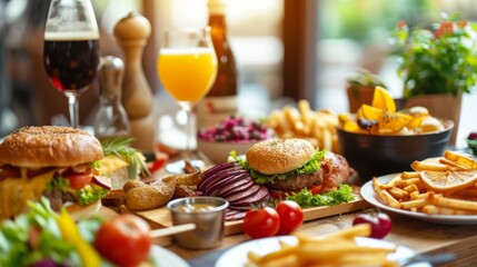 "Variété de plats et boissons : Repas convivial avec frites, brochette de viande et cocktails"