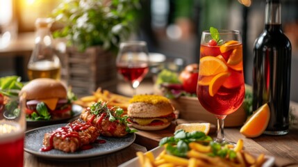"Variété de plats et boissons : Repas convivial avec frites, brochette de viande et cocktails"
