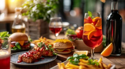 Fotobehang "Variété de plats et boissons : Repas convivial avec frites, brochette de viande et cocktails" © Estelle