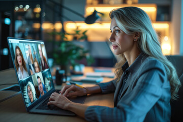 Businesswoman in Virtual Team Meeting. Blonde professional on video call with colleagues in a well-lit office at dusk.