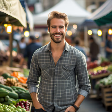 Happy Young Man at Outdoor Market in Plaid Shirt. A cheerful young man with a friendly smile standing at an outdoor market, wearing a casual plaid shirt with a bustling crowd in the background.