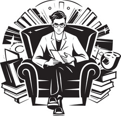 Intellectual Island Student Surrounded by Books Logo Literary Lounge Student Nestled Among Books Icon